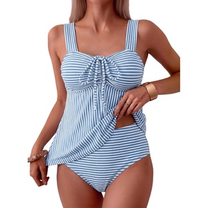 image:imageAleumdr Womens Tie Knot Two Piece Tankini Set Stripe Textured SwimsuitBlue Stripe