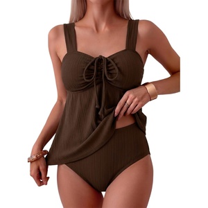image:imageAleumdr Womens Tie Knot Two Piece Tankini Set Stripe Textured SwimsuitBrown