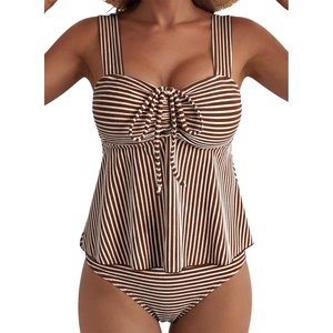 image:imageAleumdr Womens Tie Knot Two Piece Tankini Set Stripe Textured SwimsuitCoffee