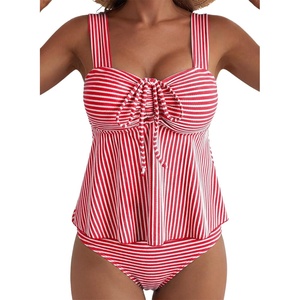 image:imageAleumdr Womens Tie Knot Two Piece Tankini Set Stripe Textured SwimsuitRose